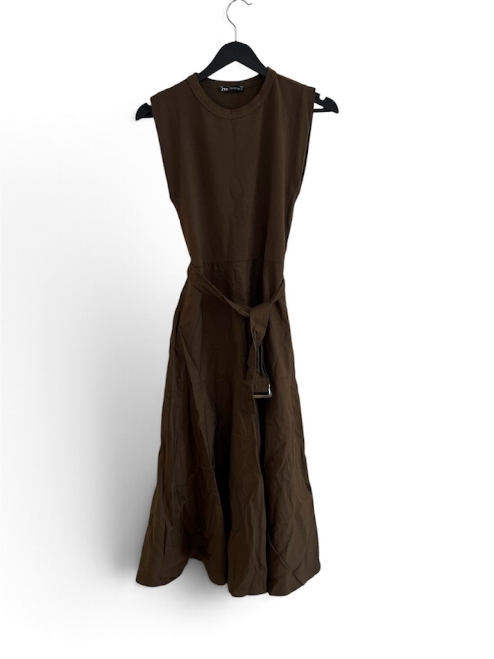 Zara Sleeveless Maxi Dress with Tie Belt in Brown